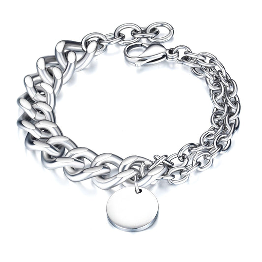 Men Bracelets Round Tag Customize Link Stainless Steel Metal Clasp Charm Male Free Engrave Chain