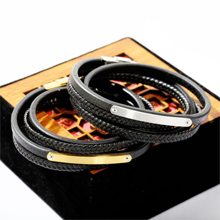 Leather Multilayer Charm Bracelets Bangles For Men Woven Wrist Jewelry Customize Engrave Bracelet