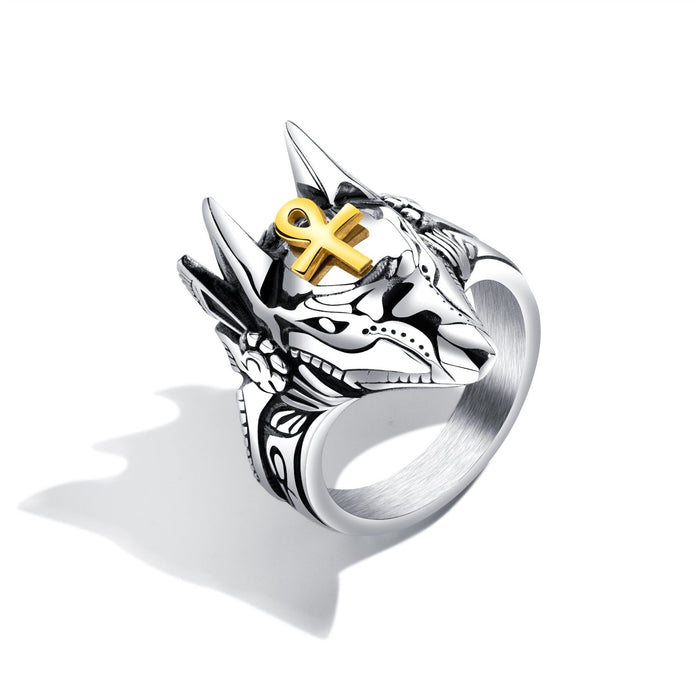 Punk Anubis Egyptian Cross Beast Ring For Men Stainless Steel Ankh Cross Design Animal Finger Ring Cool Jewelry Gift