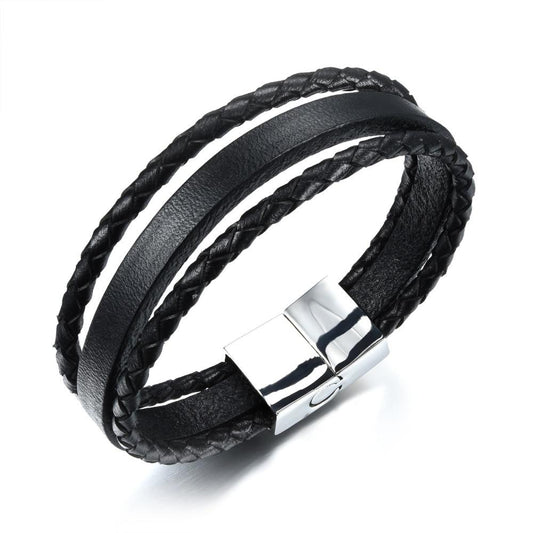 Three-Layers Handmade Man Wrap Bracelets Punk Style Stainless Steel Clasp Cool Men Jewelry 21cm Long