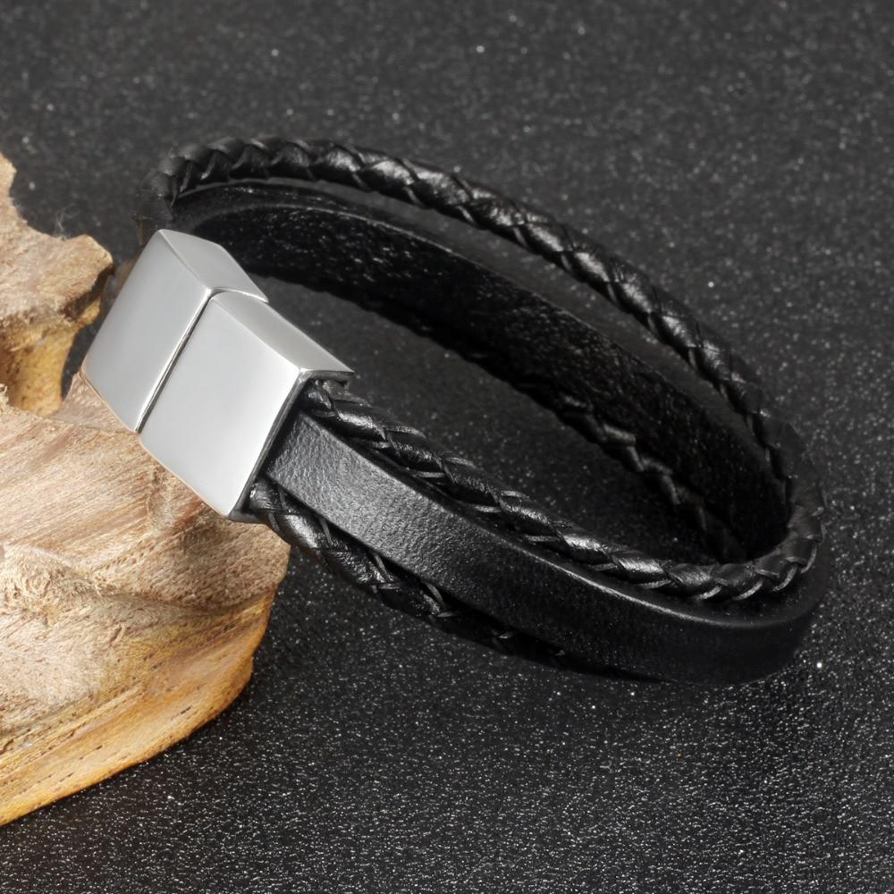 Three-Layers Handmade Man Wrap Bracelets Punk Style Stainless Steel Clasp Cool Men Jewelry 21cm Long