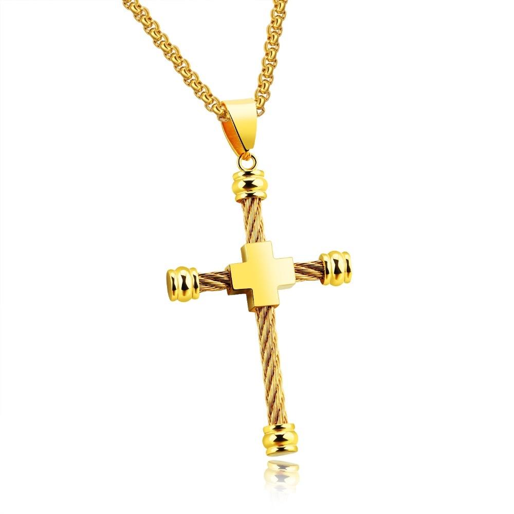 Unique Cross Necklace & Pendant For Men Stainless Steel Rope Design Gold Color 55 CM Box Link Chain Male Jewelry Gift