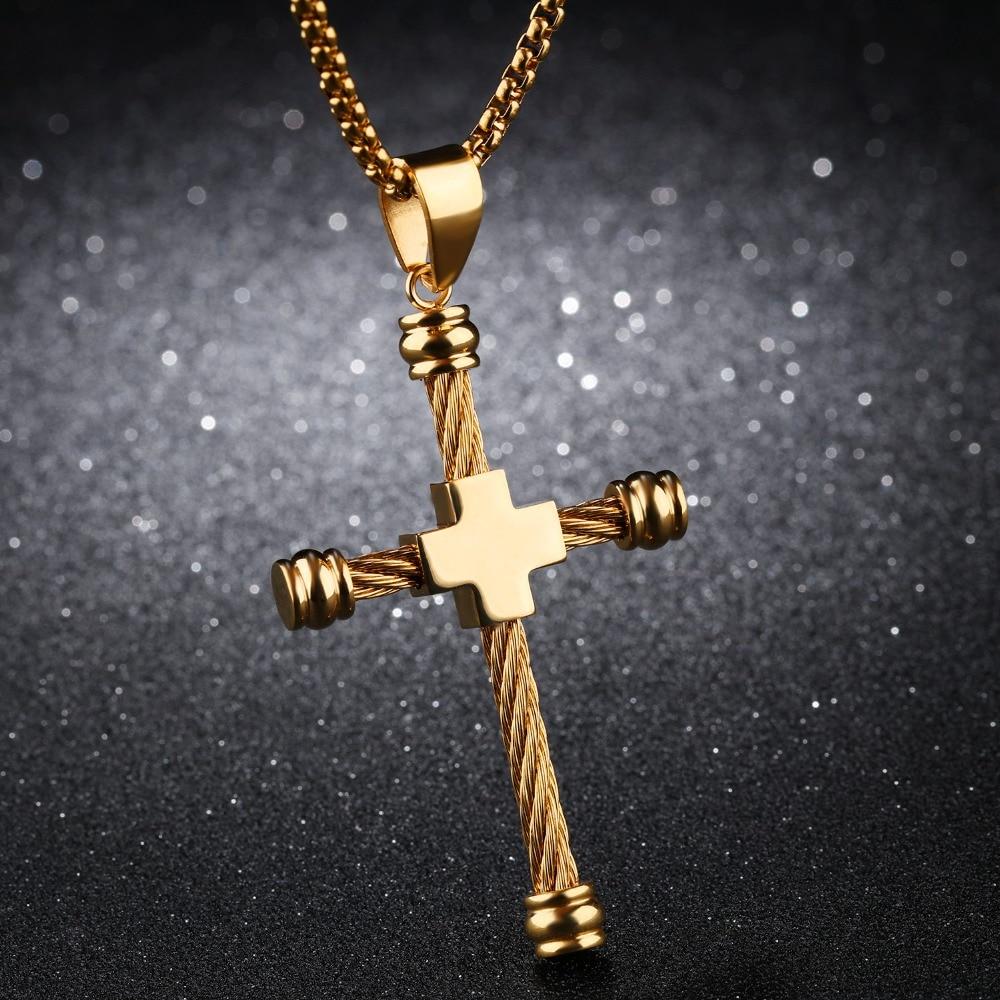 Unique Cross Necklace & Pendant For Men Stainless Steel Rope Design Gold Color 55 CM Box Link Chain Male Jewelry Gift