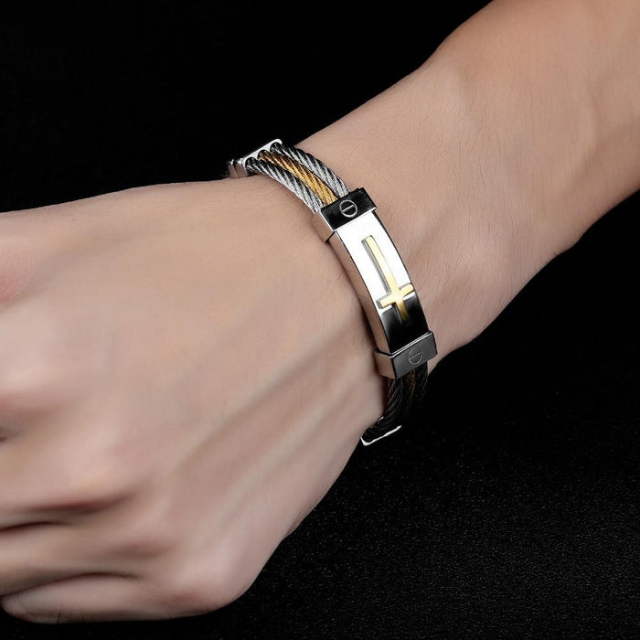 Wire Rope Cross Bangles For Men Three Layers Stainless Steel Gold Color Male Charm Cable Bracelet Jewelry Gift