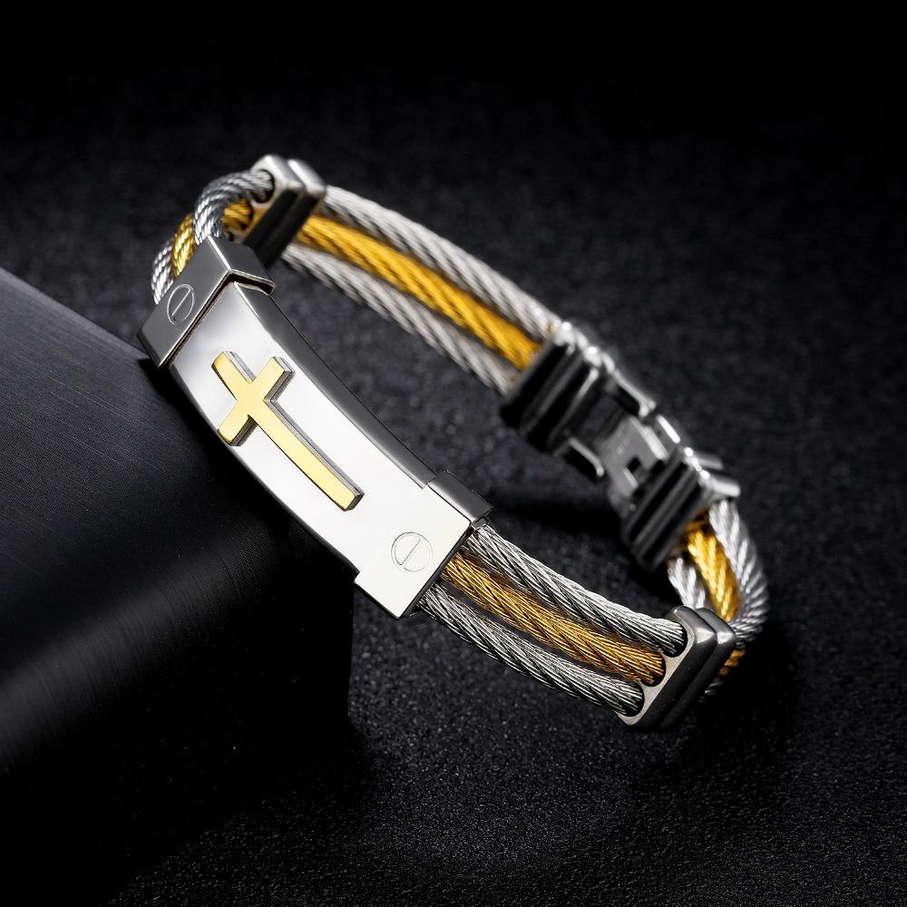 Wire Rope Cross Bangles For Men Three Layers Stainless Steel Gold Color Male Charm Cable Bracelet Jewelry Gift