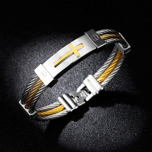 Wire Rope Cross Bangles For Men Three Layers Stainless Steel Gold Color Male Charm Cable Bracelet Jewelry Gift