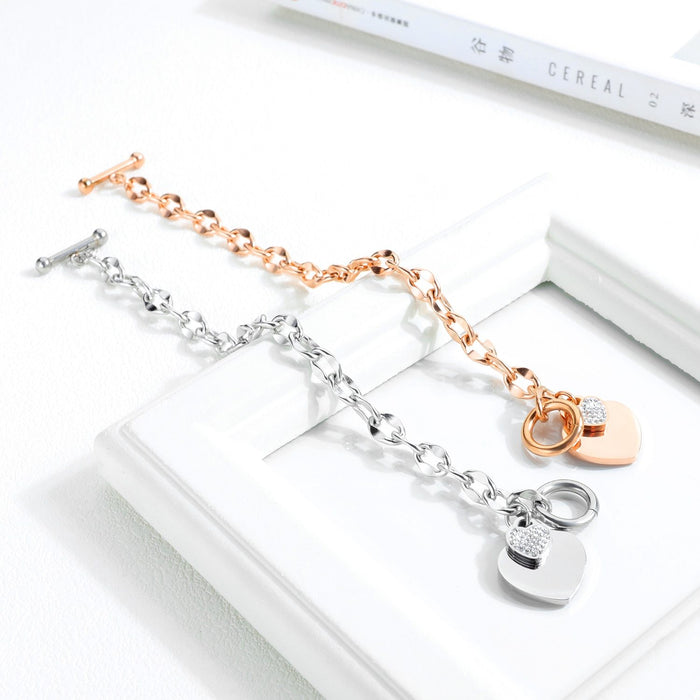 Women Bracelet Link Rose Gold Tone Crystal Love Heart Tag Engrave Toggle Clasp Designer Charm Stainless Chain Bangle