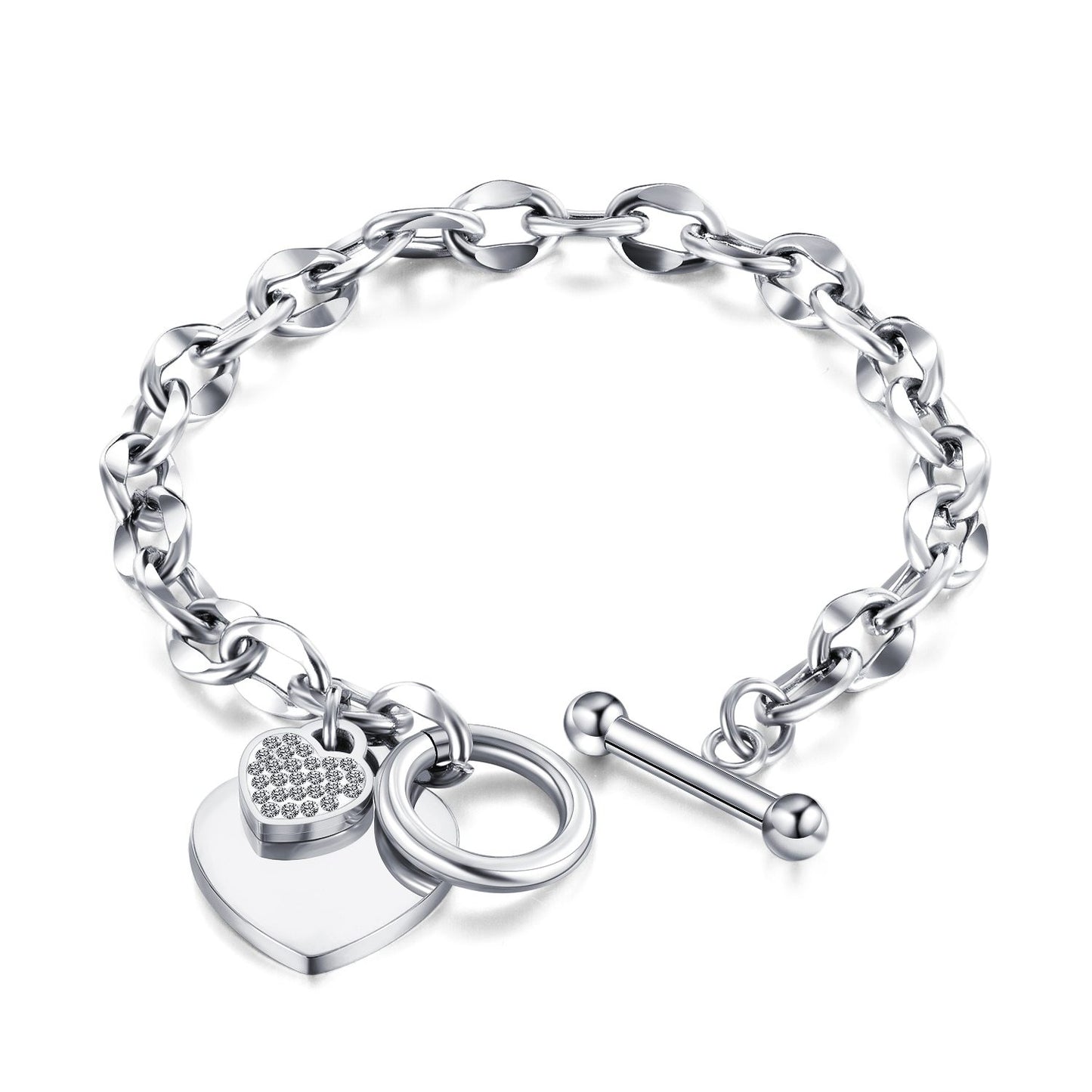 Women Bracelet Link Rose Gold Tone Crystal Love Heart Tag Engrave Toggle Clasp Designer Charm Stainless Chain Bangle