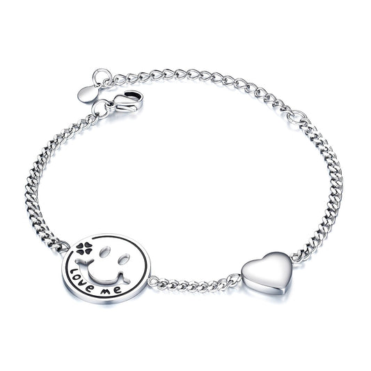 Women Bracelets Love Heart Smile Face Stainless Steel Metal Tone Charm Adjustable Chain Wristband