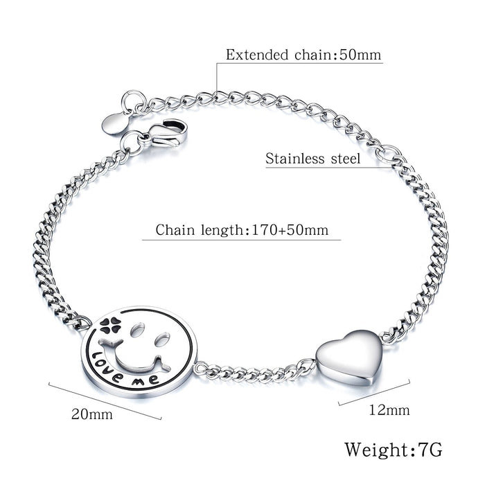 Women Bracelets Love Heart Smile Face Stainless Steel Metal Tone Charm Adjustable Chain Wristband