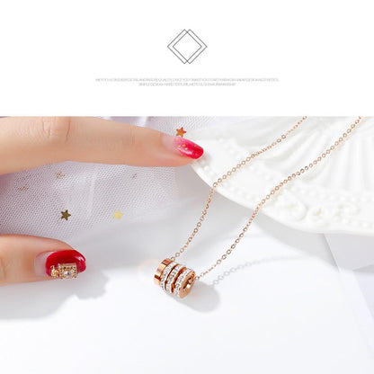 Women Chain Necklace Shiny Stone Round Designer  New Clavicle Link Steel Rose Gold Pendant Lady Korea Jewerly