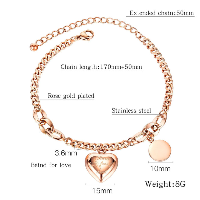 Women Love Heart Words Bracelet Stainless Steel Designer Charms Rose Gold/ Gold/ Steel Lady Elegant
