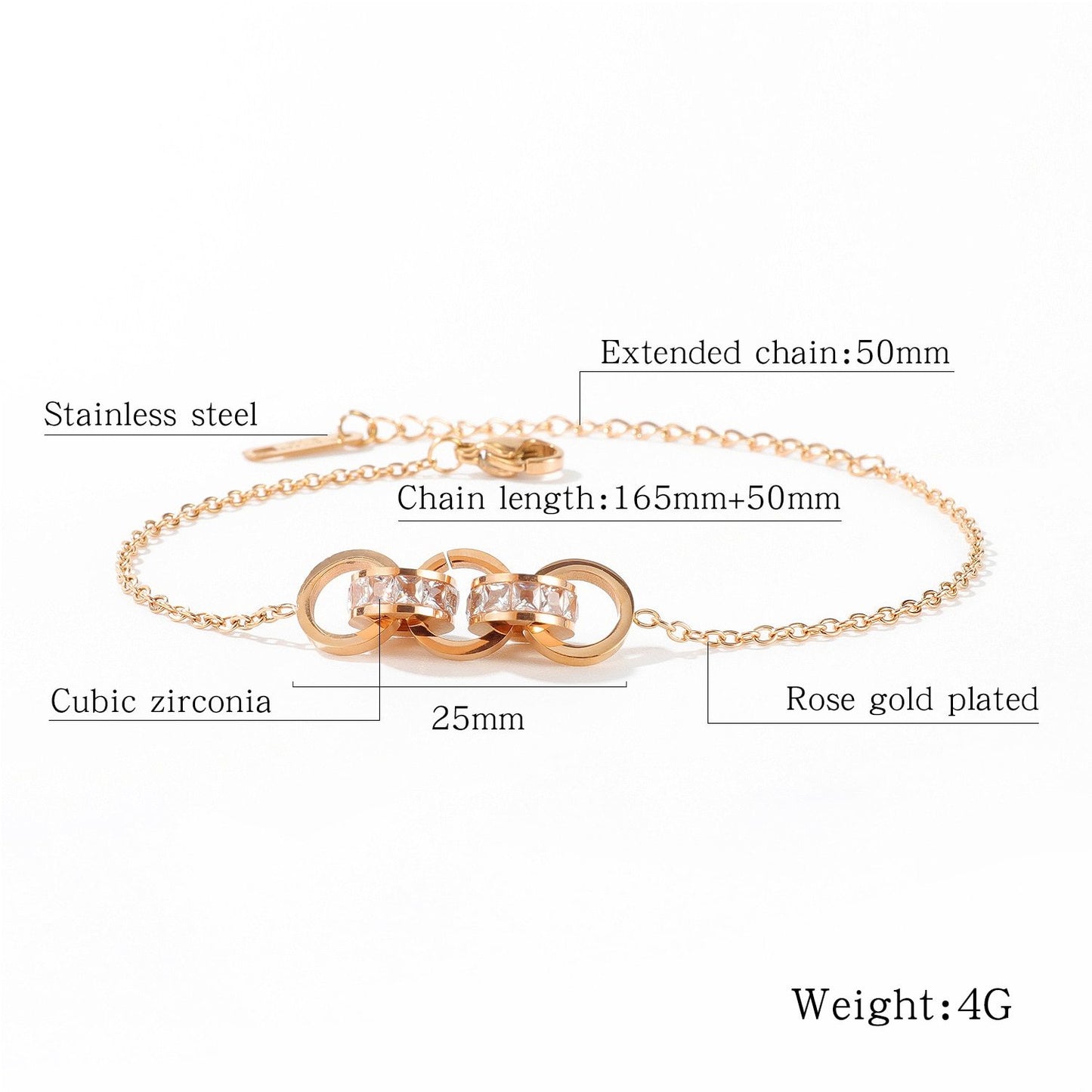 Women Slim Chain Link Bracelets Crystal Stainless Steel Designer Charms Rose Gold Lady Elegant