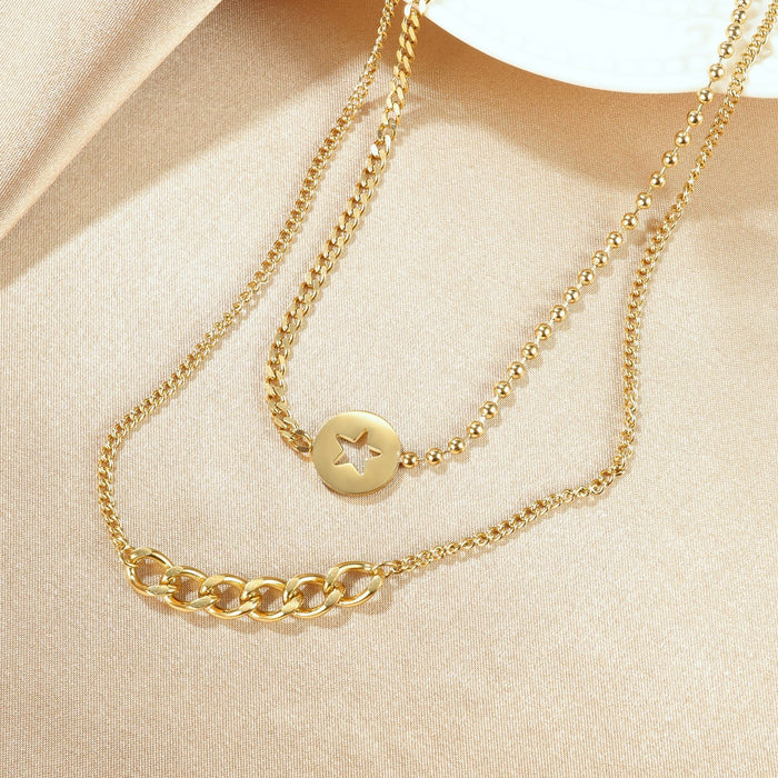 Womens Necklaces Double Levels Stars Link Chains Stainless Steel Gold/ Steel Tone Pendant Jewelry