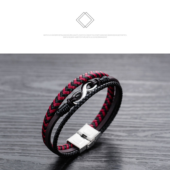 Men's leather infinity figure 8 bracelet titanium steel bracelet