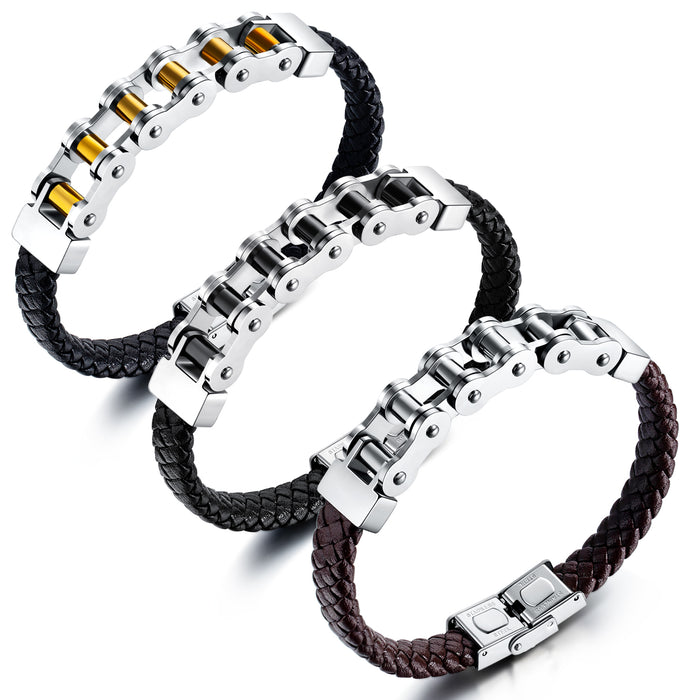 Fashionable Personality Domineering Titanium Steel Bicycle Chain Braided Leather Rope Bracelet