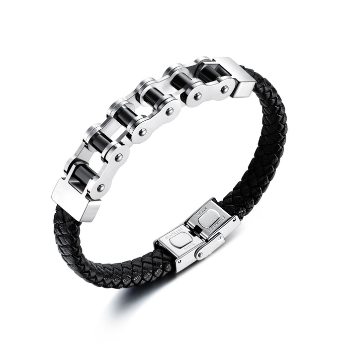 Fashionable Personality Domineering Titanium Steel Bicycle Chain Braided Leather Rope Bracelet