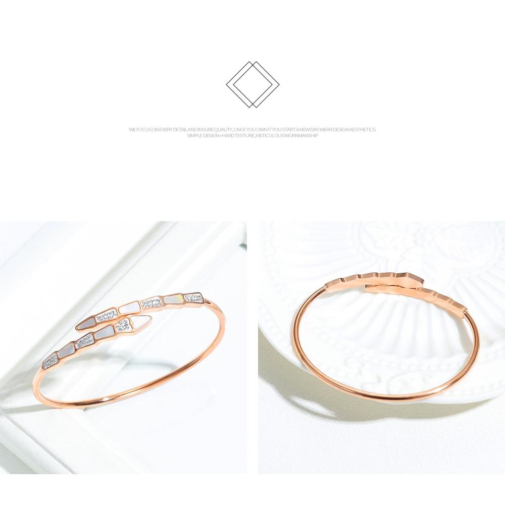 Tredy Snake Women Open Cuff Bangle with Designer Charms Crystal Shell Bracelet Stainless Steel Rose Gold Lady Elegant Band