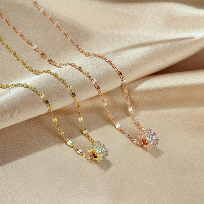 Women Chain Necklace Rose Gold/ Gold Minimalist Round CZ Shiny Unique Clavicle Chain Stainless Steel Copper