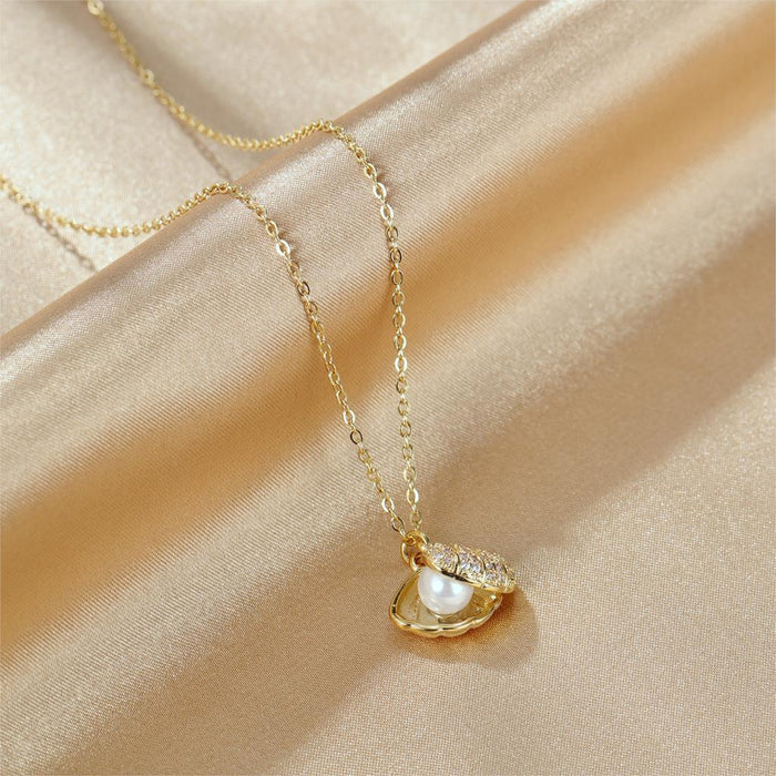 Women Chain Necklace Rose Gold/ Gold Shell Pearl Clavicle Chain Stainless Steel Design  Necklaces Fashion Jewelry