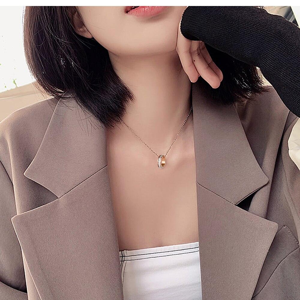 Women Chain Necklace Rose Gold Round Crystal Designer Clavicle Chain Stainless Steel  Necklaces Fashion Jewelry
