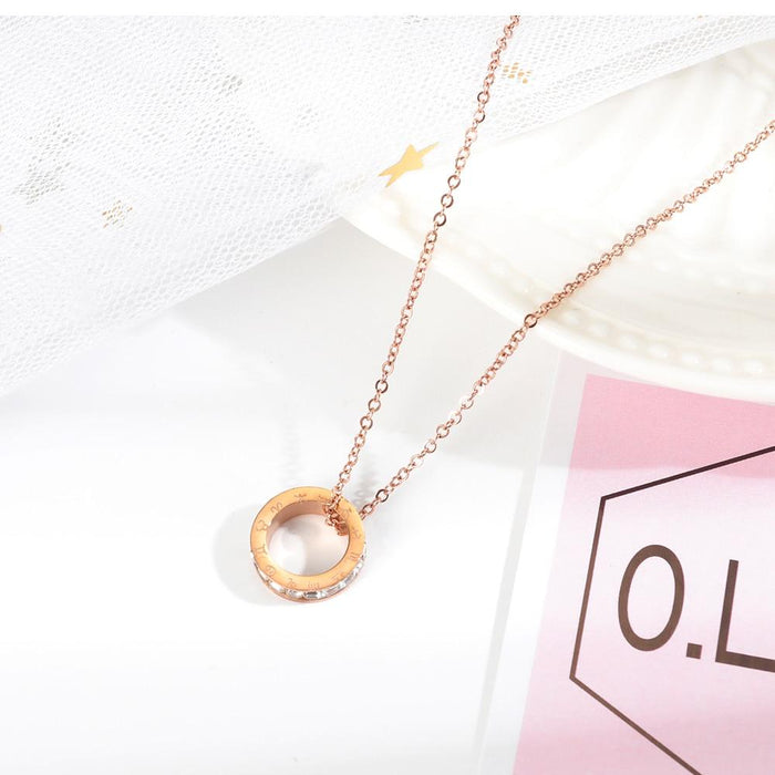 Women Chain Necklace Rose Gold Round Crystal Designer Clavicle Chain Stainless Steel  Necklaces Fashion Jewelry
