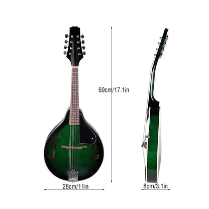 22 Fret Wooden Mandolin 8 String with Carry Storage Bag Green