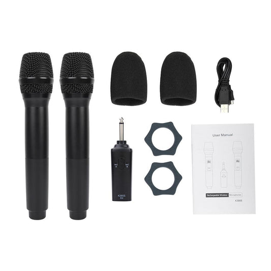 UHF Audio Mic Set Wireless Rechargeable Dual Handheld Microphones Black