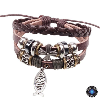 Adjustable Multilayer Leather Ichthys "Jesus Fish" Bracelet