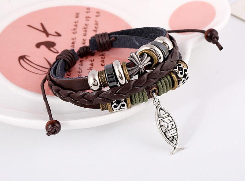 Adjustable Multilayer Leather Ichthys "Jesus Fish" Bracelet