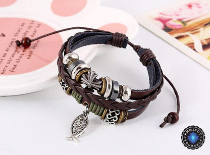 Adjustable Multilayer Leather Ichthys "Jesus Fish" Bracelet