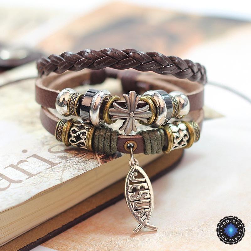 Adjustable Multilayer Leather Ichthys "Jesus Fish" Bracelet