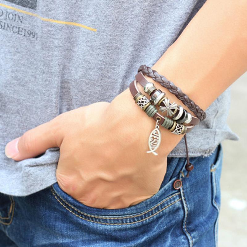 Adjustable Multilayer Leather Ichthys "Jesus Fish" Bracelet