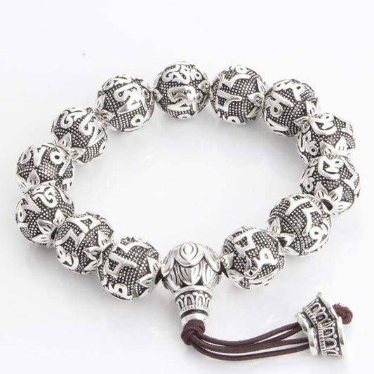 Hand Engraved Silver Tibetan Prayer Bracelet "Lotus"