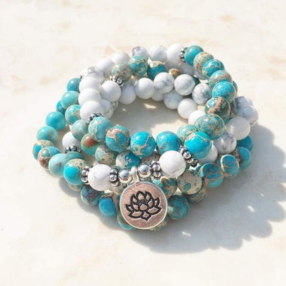 Mala bracelet "Lotus" with 108 beads in Ocean Jasper and Howlite