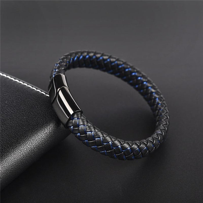 Blue Fire Stainless Steel Leather Bracelet