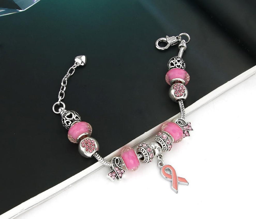 Breast Cancer Awareness Pink Ribbon Charm Bracelet