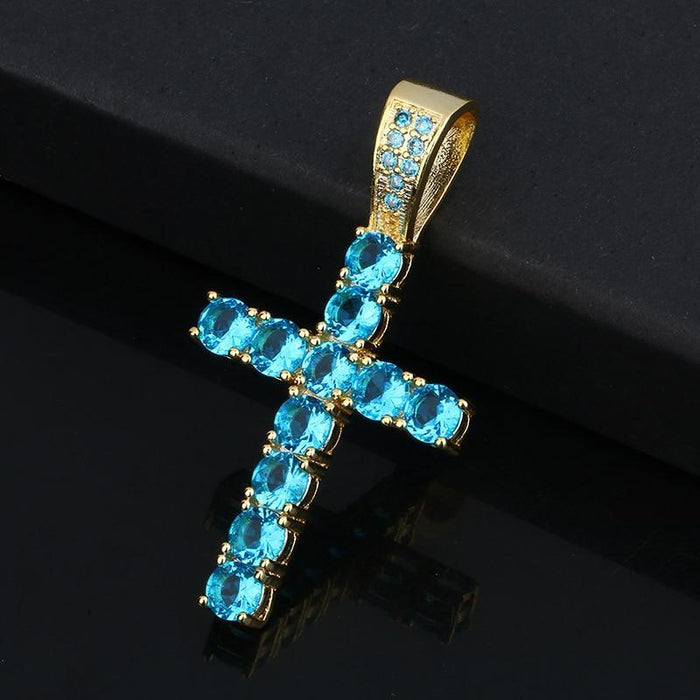 Hip Hop Cross Necklace- Iced Out Crystal With Blue Pendant