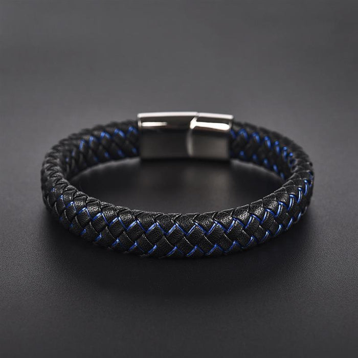 Blue Fire Stainless Steel Leather Bracelet