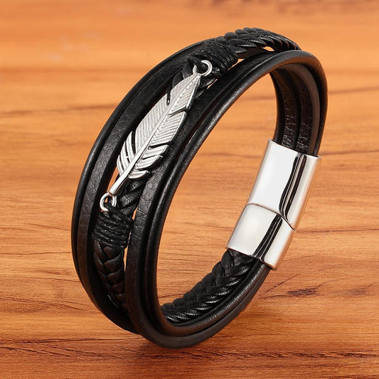 Stainless Steel Feather Multi-Layer Leather Bracelet