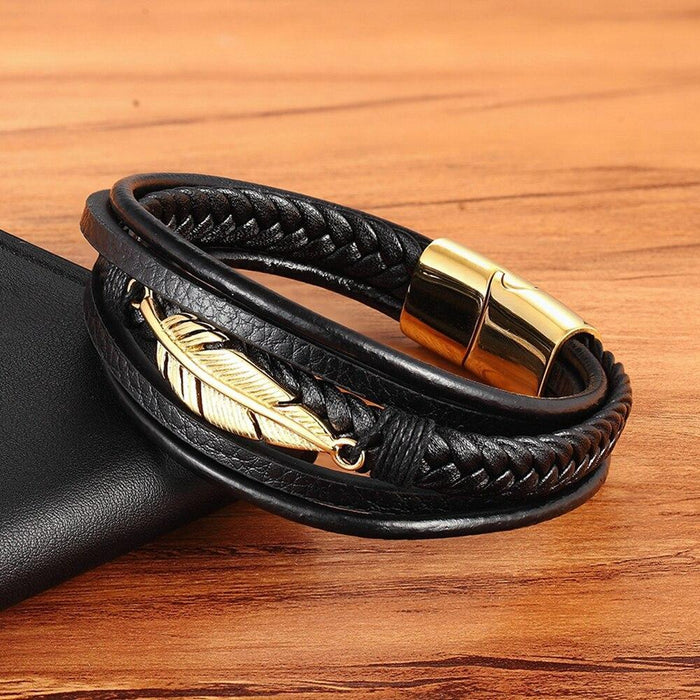 Stainless Steel Feather Multi-Layer Leather Bracelet