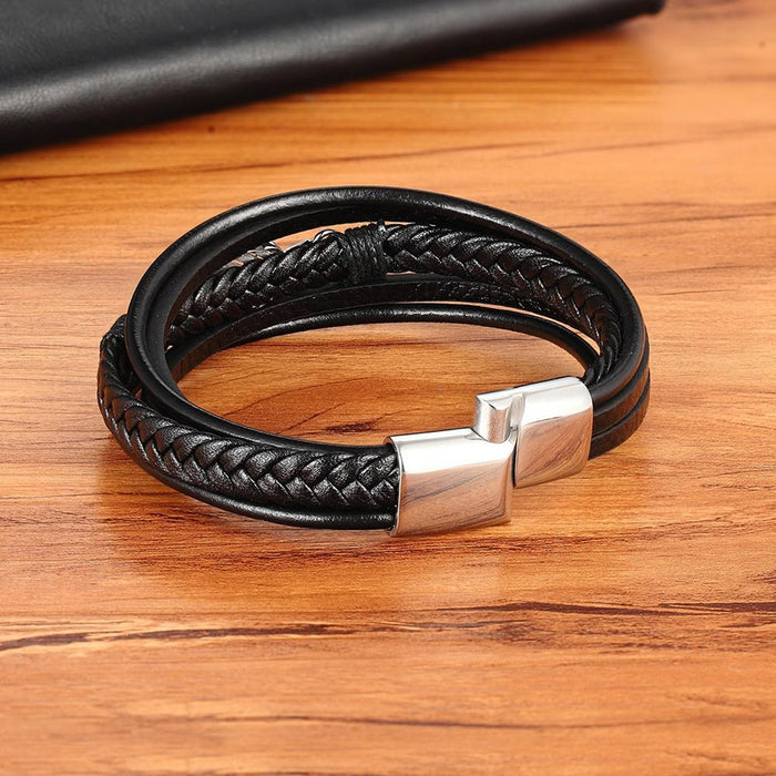 Stainless Steel Feather Multi-Layer Leather Bracelet