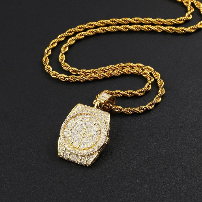 Bling Iced Out Watch Shape Pendant Necklace