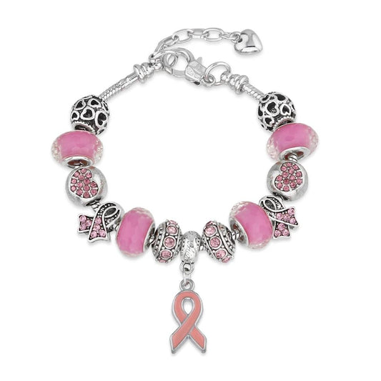 Breast Cancer Awareness Pink Ribbon Charm Bracelet