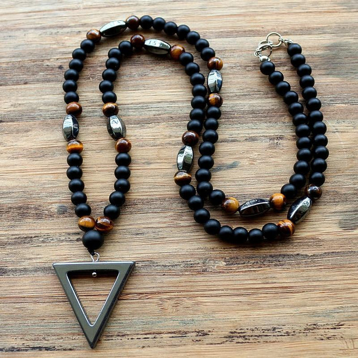 Tiger Stone Bead Black Men's Hematite Triangle Necklace