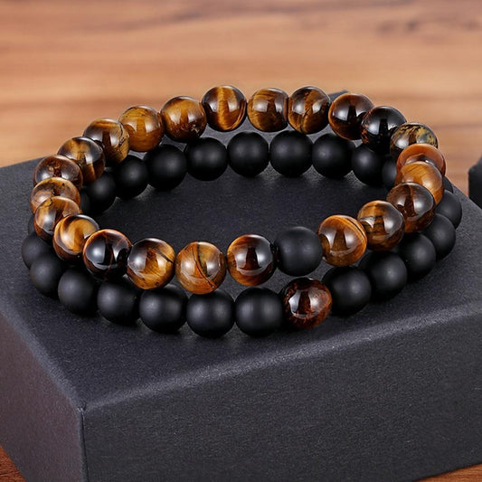 Stone Beaded Bracelet Set Onyx/Tigereye/White