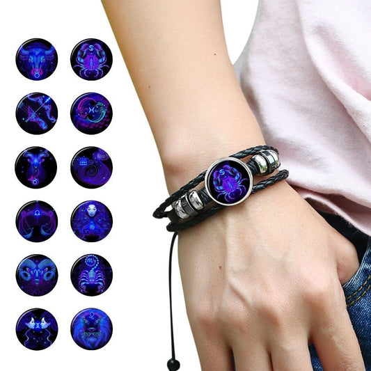 12 Constellation Zodiac Black Braided Leather Bracelet