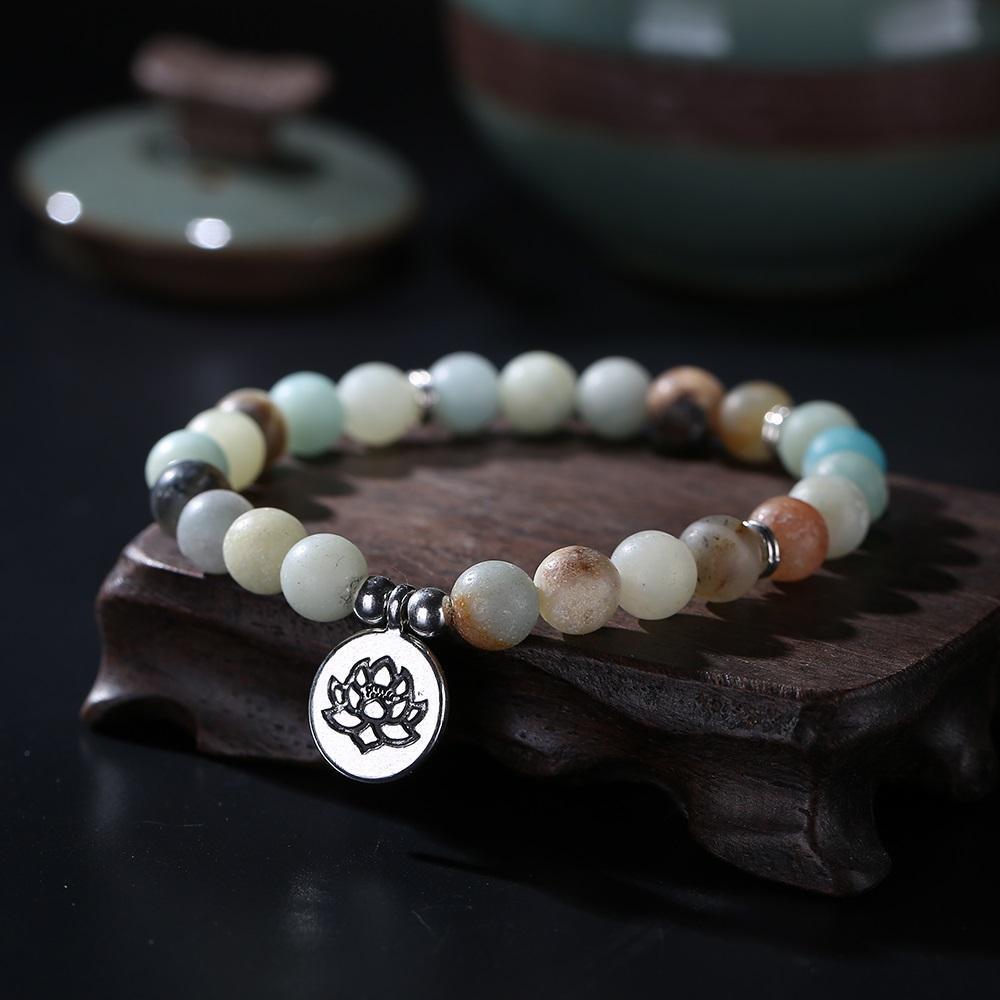 Matte Amazonite Beads Lotus Charm Wrist Mala