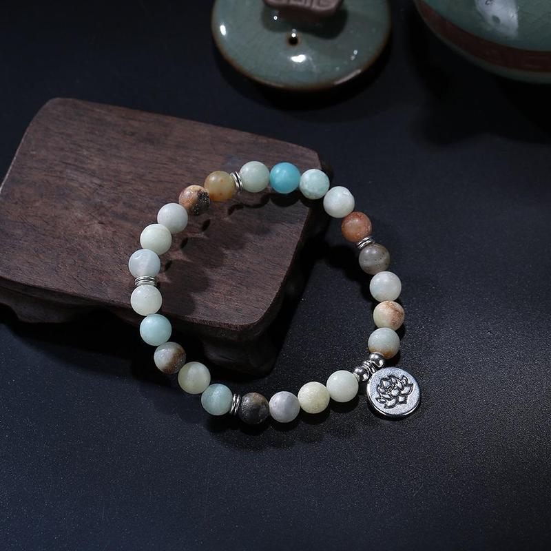 Matte Amazonite Beads Lotus Charm Wrist Mala